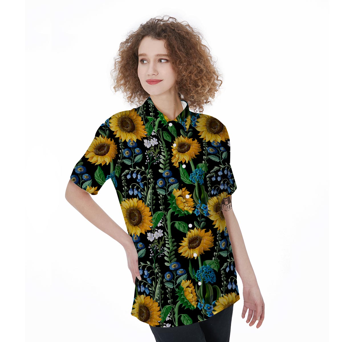 Black Sunflower Floral Women's Short Sleeve Shirts-grizzshop