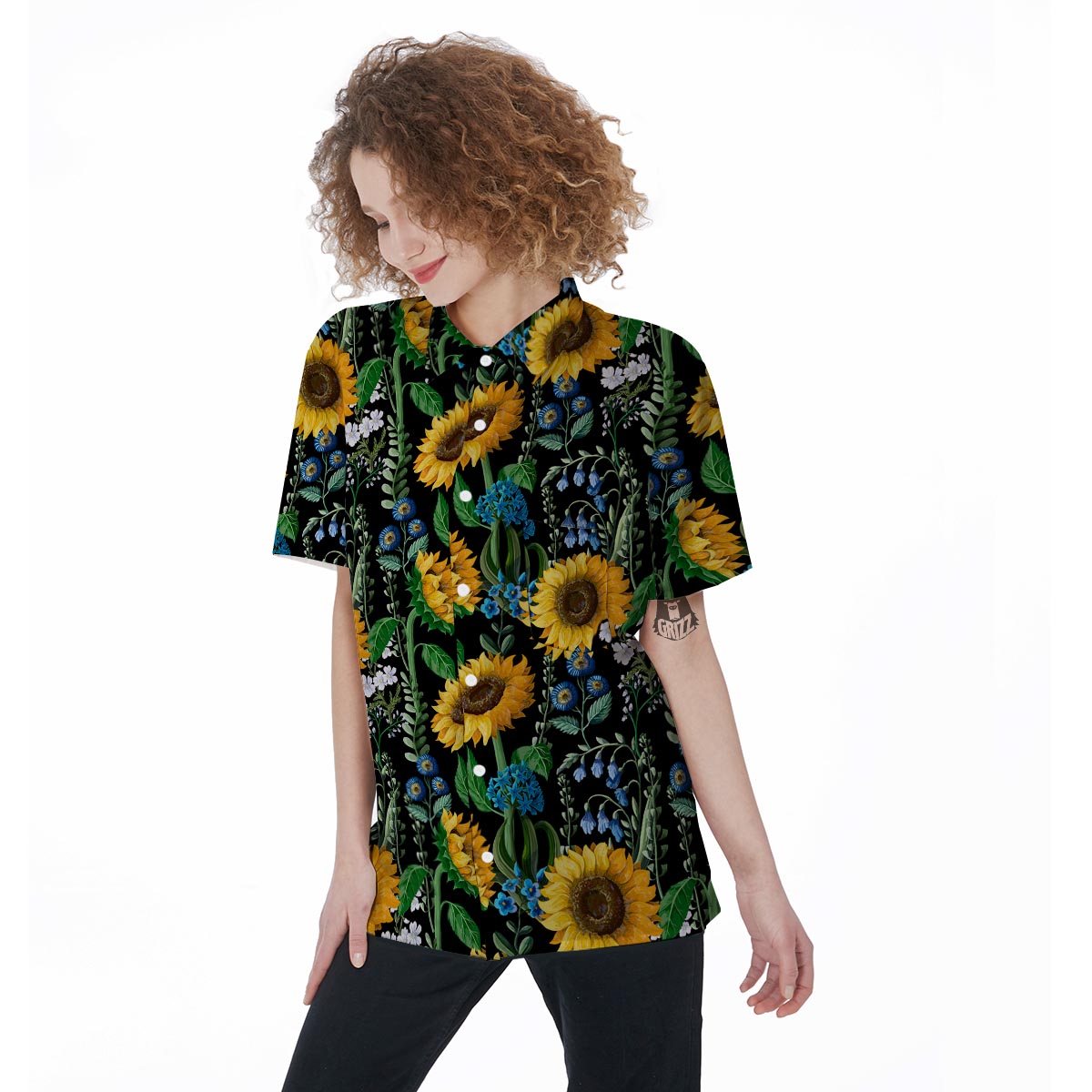 Black Sunflower Floral Women's Short Sleeve Shirts-grizzshop