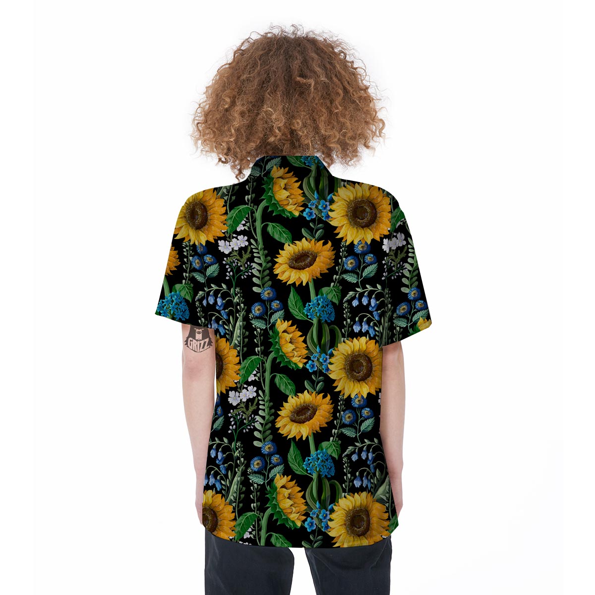 Black Sunflower Floral Women's Short Sleeve Shirts-grizzshop