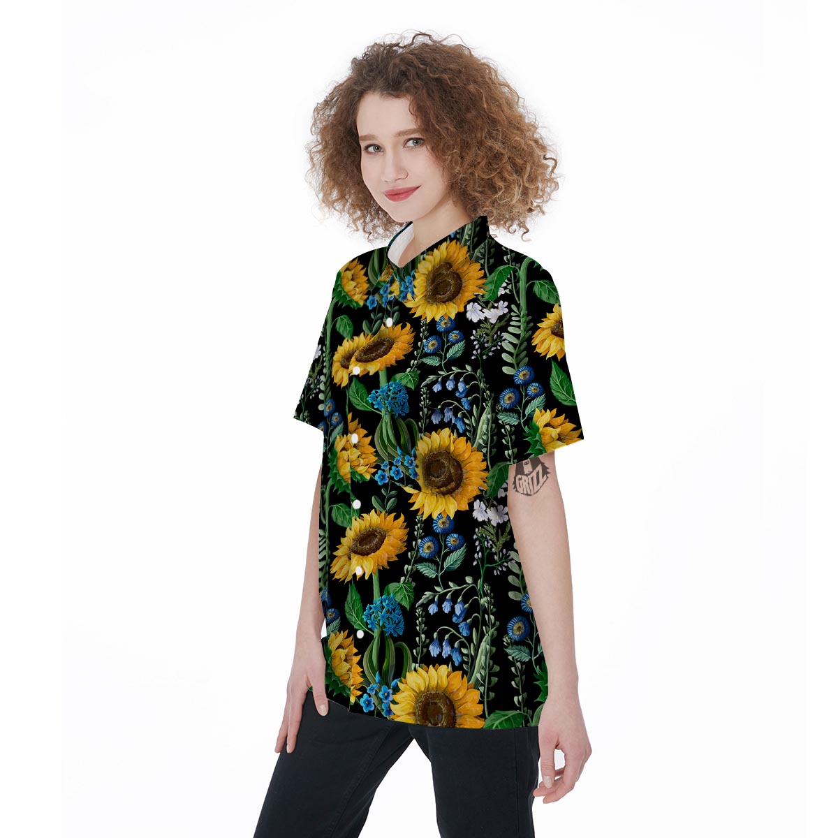 Black Sunflower Floral Women's Short Sleeve Shirts-grizzshop