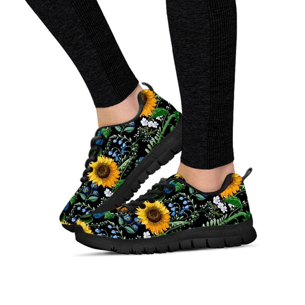 Black Sunflower Floral Women's Sneakers-grizzshop