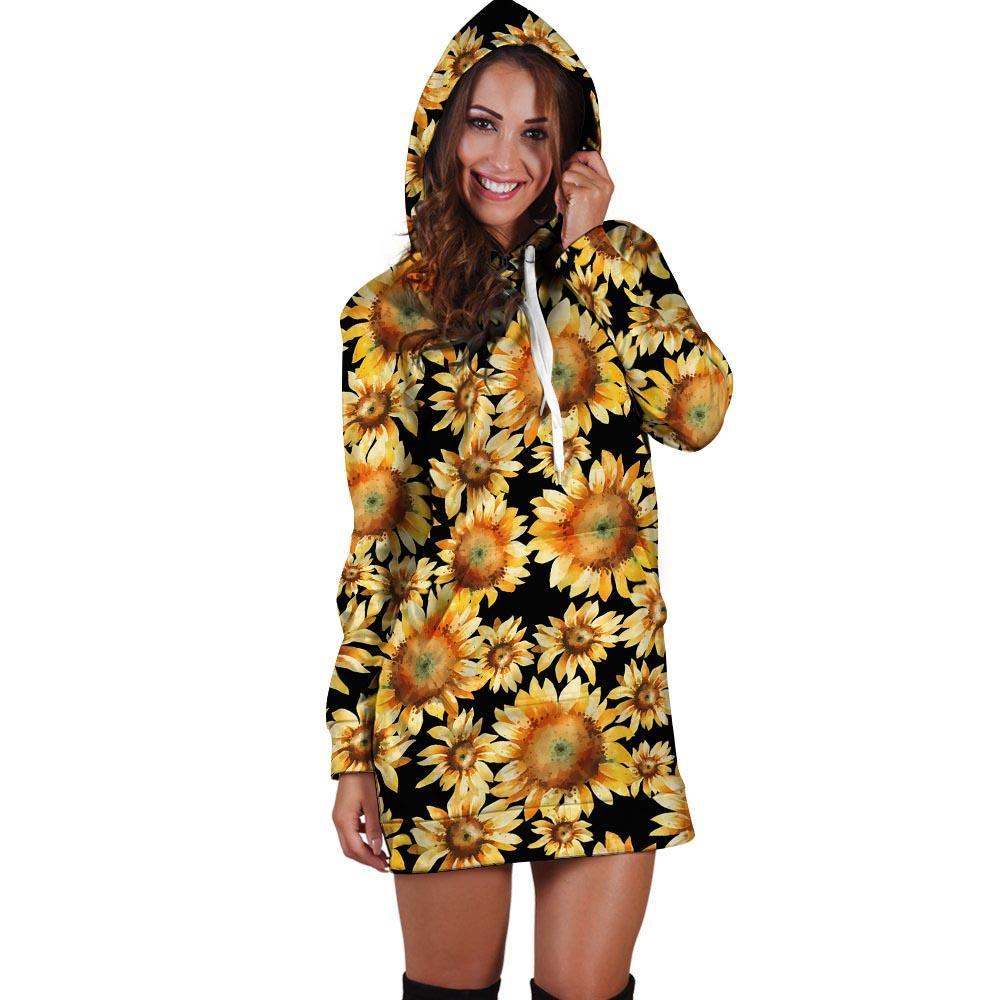 Black Sunflower Hoodie Dress-grizzshop