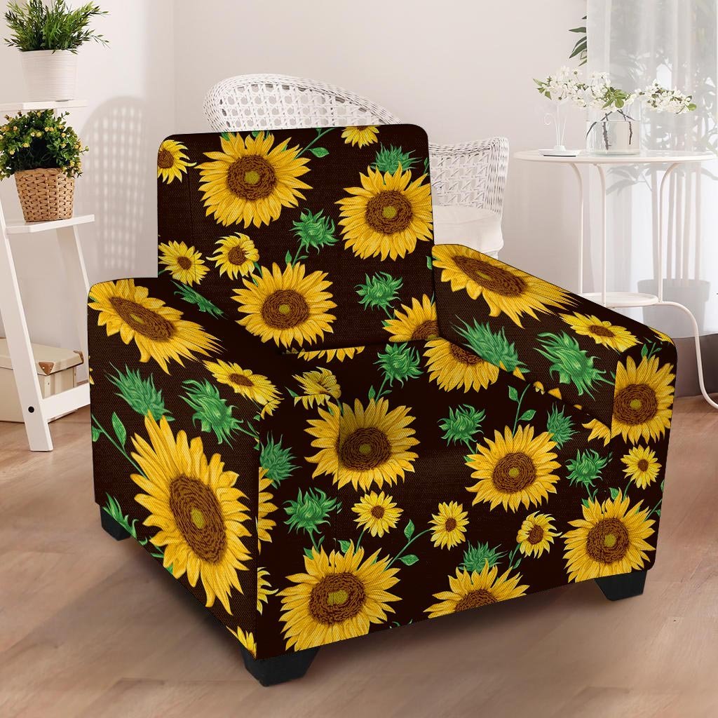 Black Sunflower Print Armchair Cover-grizzshop