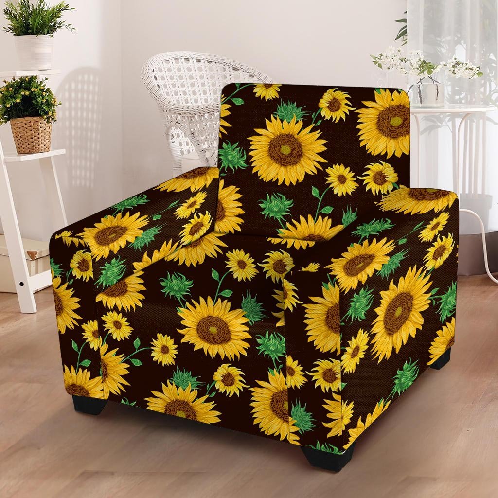 Black Sunflower Print Armchair Cover-grizzshop