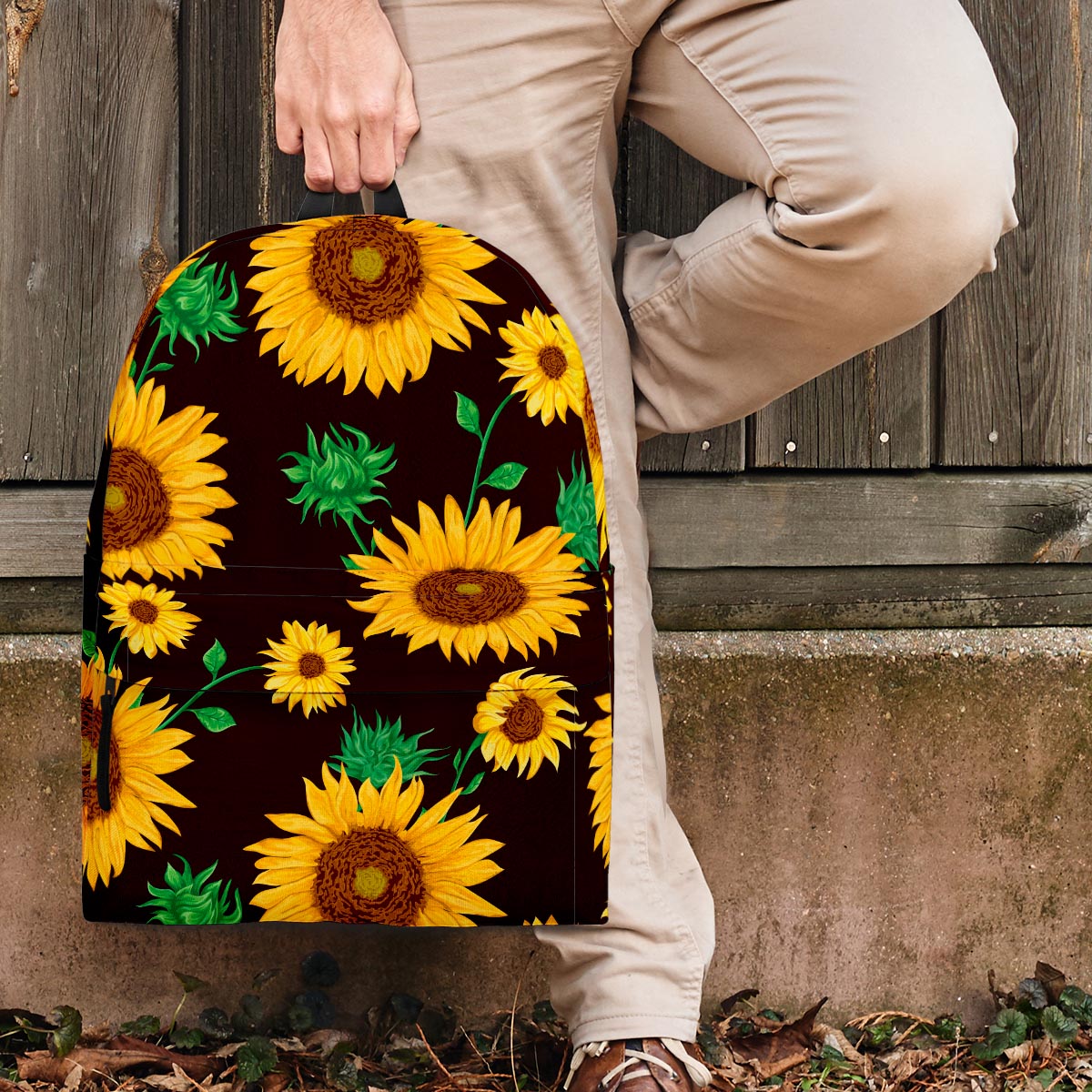 Black Sunflower Print Backpack-grizzshop