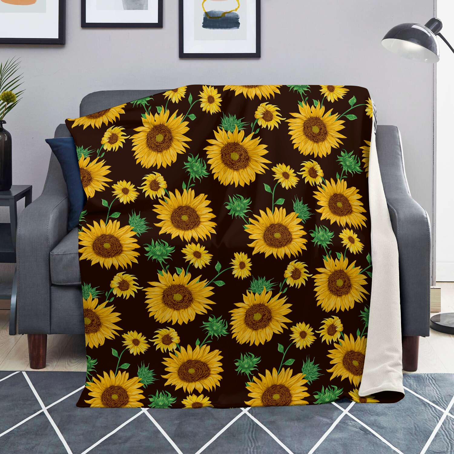 Black Sunflower Print Blanket-grizzshop