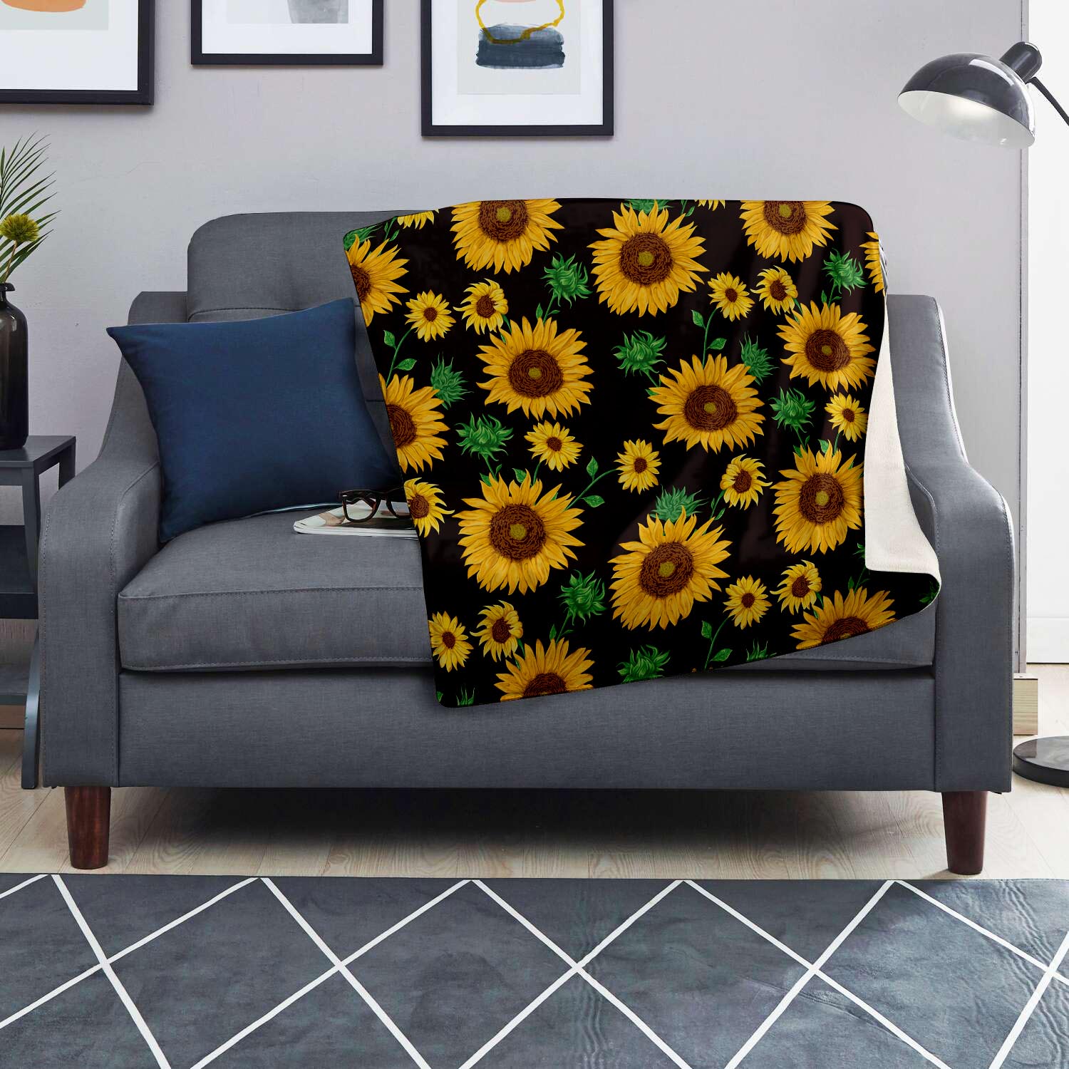 Black Sunflower Print Blanket-grizzshop