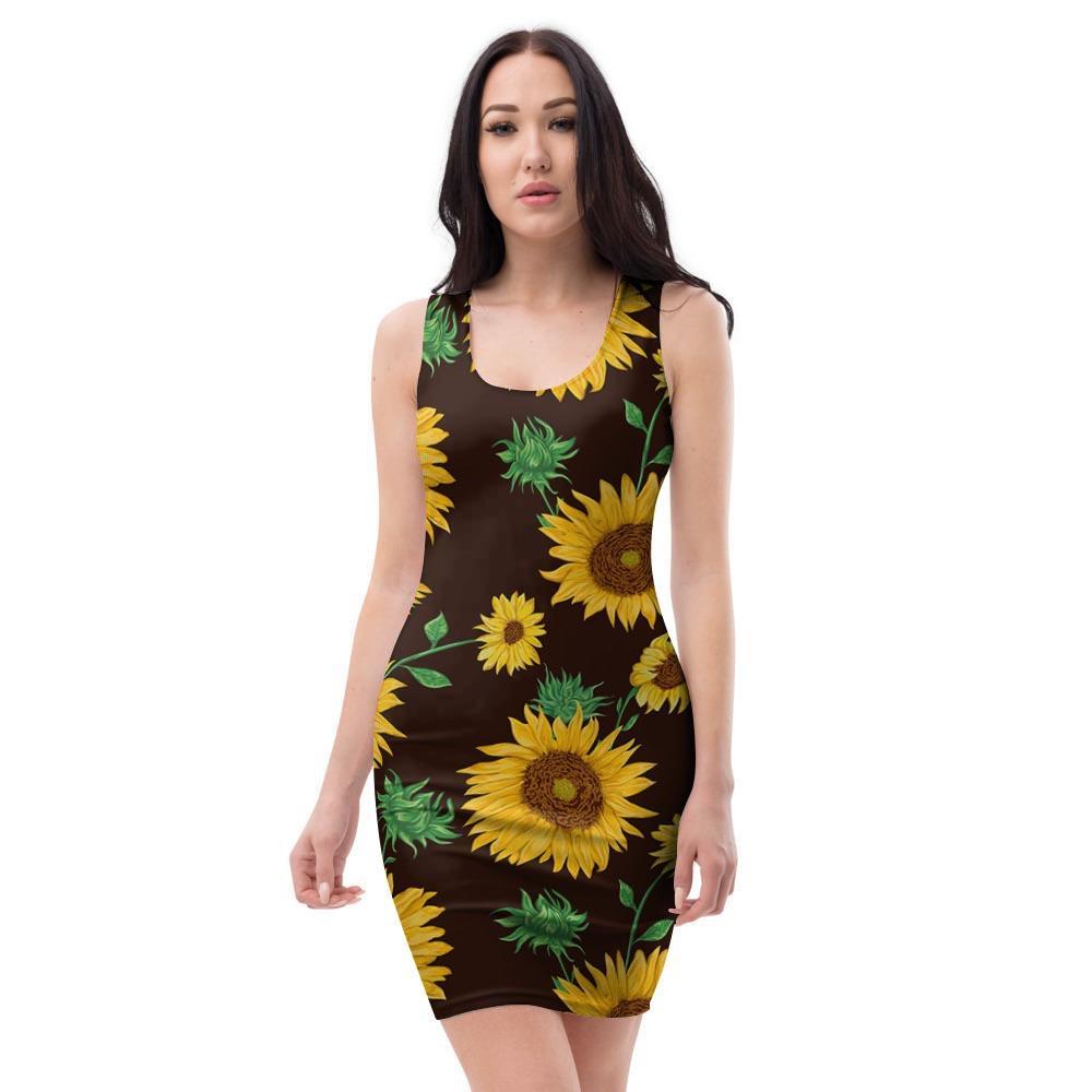 Black Sunflower Print Bodycon Dress-grizzshop