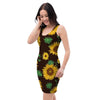 Black Sunflower Print Bodycon Dress-grizzshop