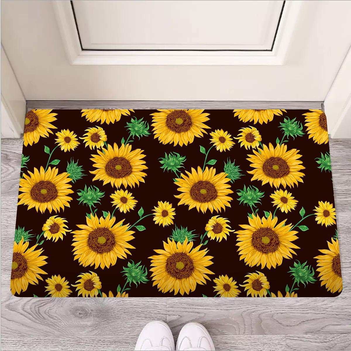 Black Sunflower Print Door Mat-grizzshop