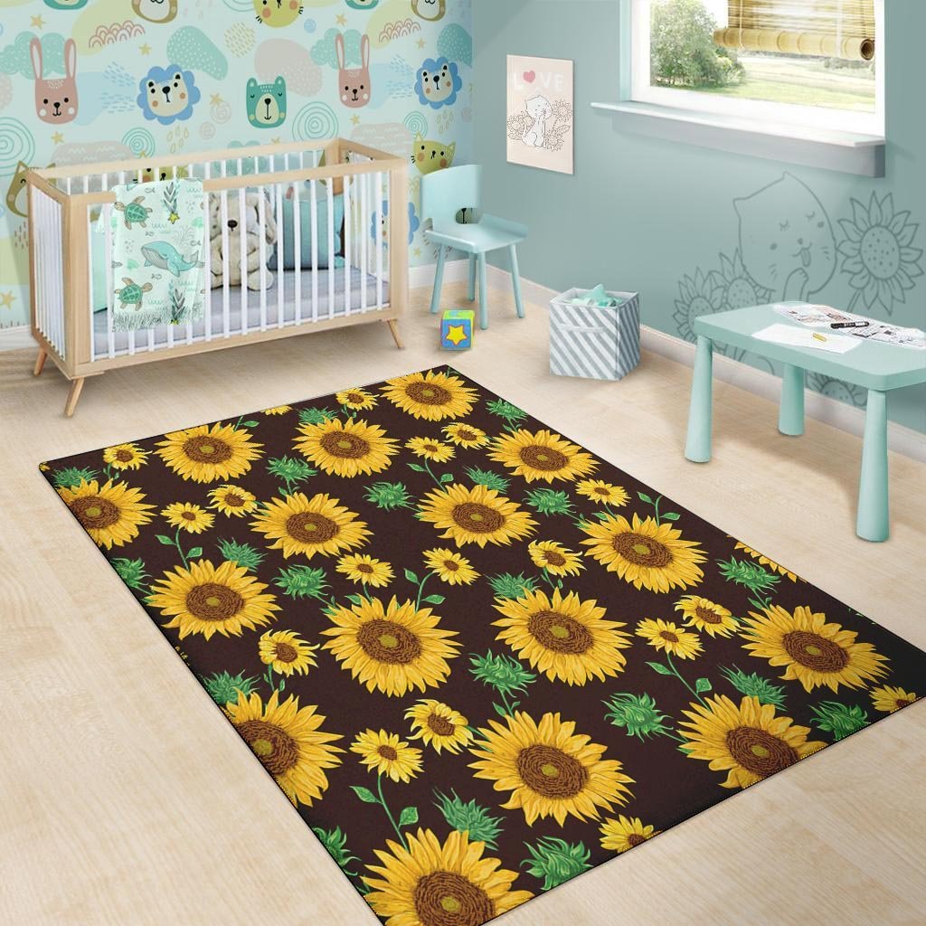 Black Sunflower Print Floor Mat-grizzshop