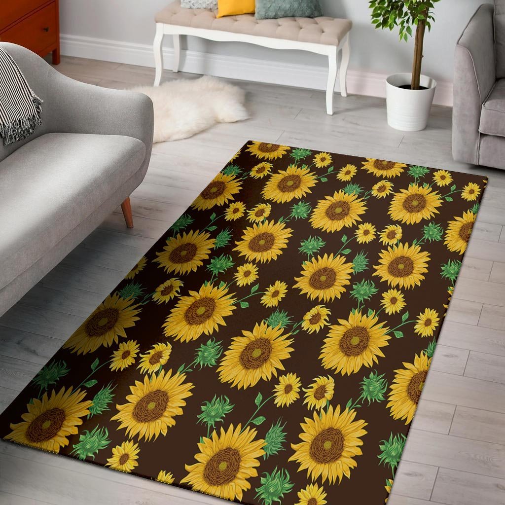 Black Sunflower Print Floor Mat-grizzshop