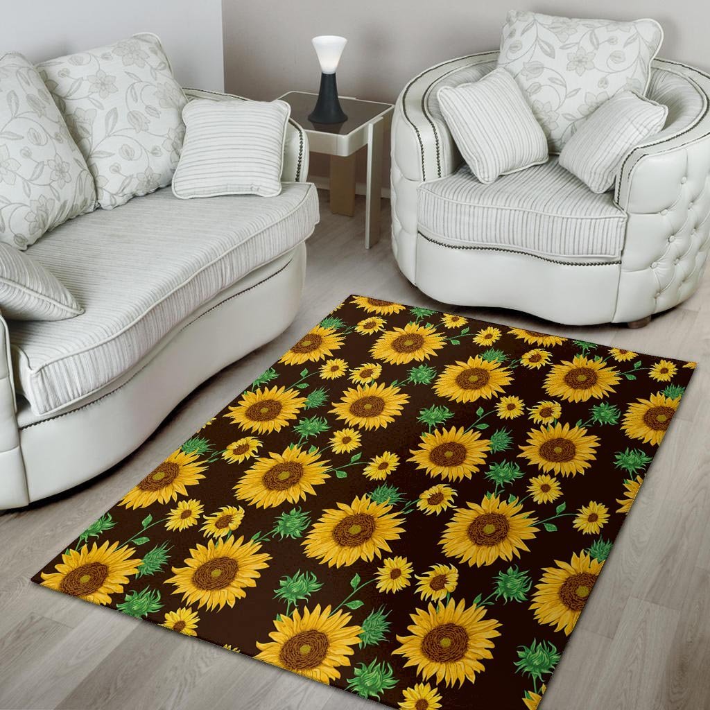 Black Sunflower Print Floor Mat-grizzshop