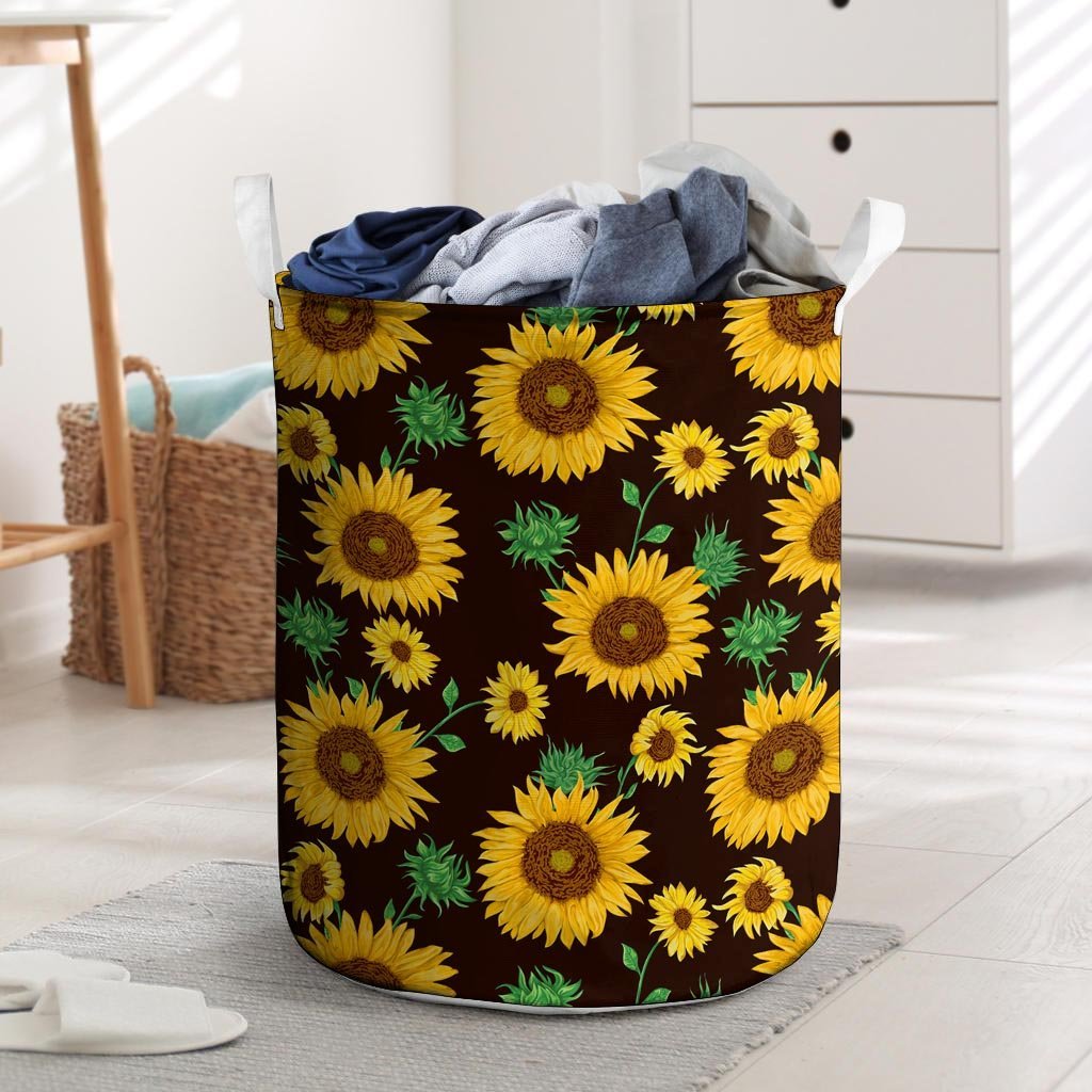 Black Sunflower Print Laundry Basket-grizzshop