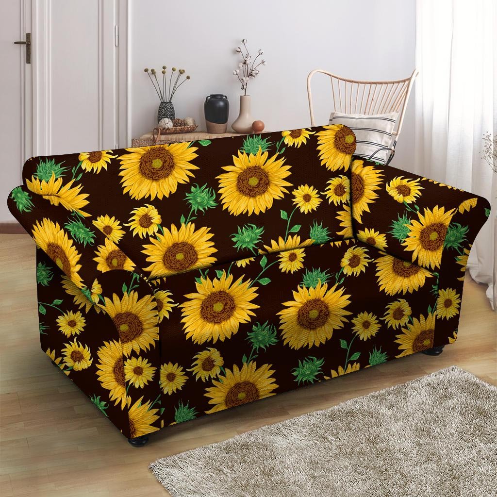 Black Sunflower Print Loveseat Cover-grizzshop