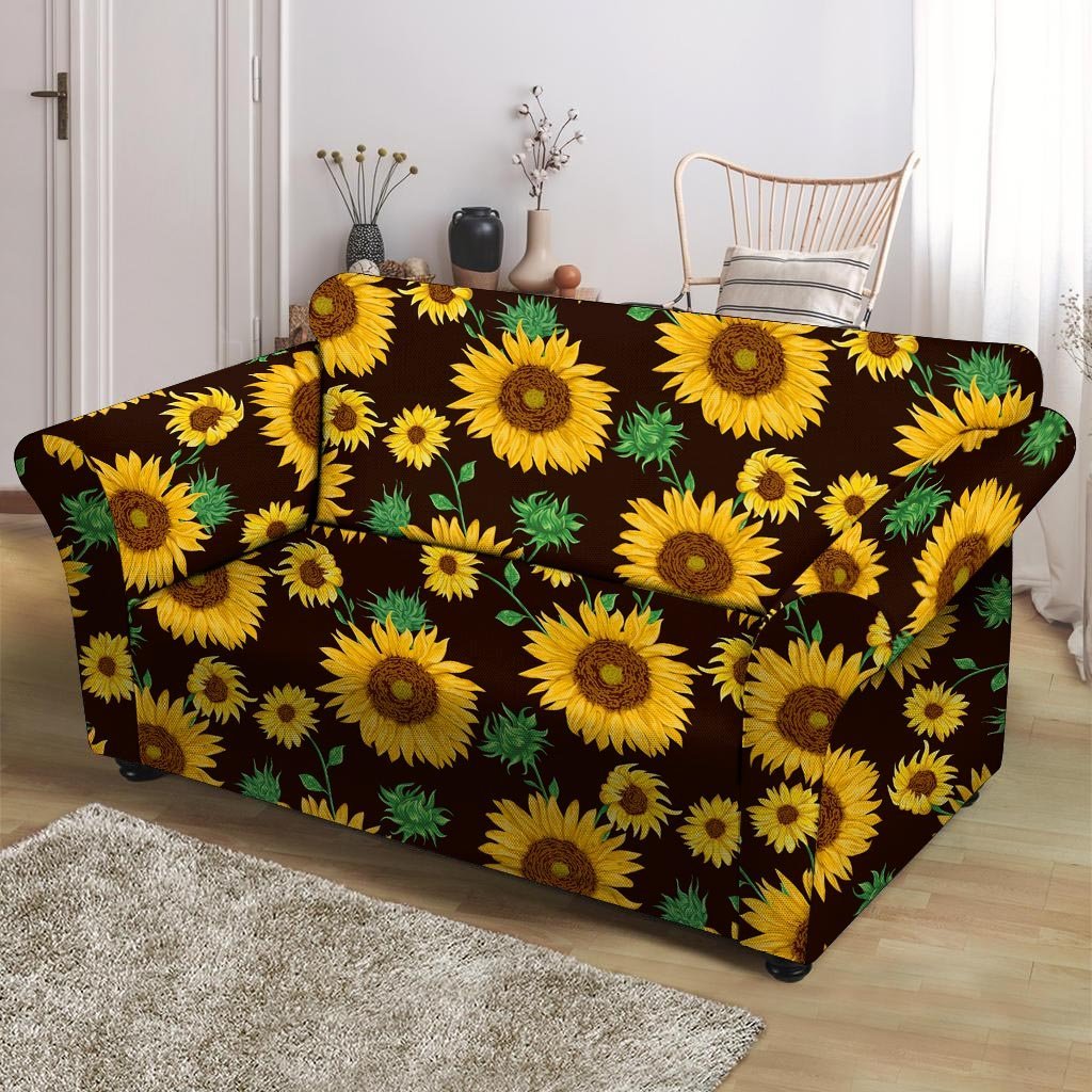 Black Sunflower Print Loveseat Cover-grizzshop