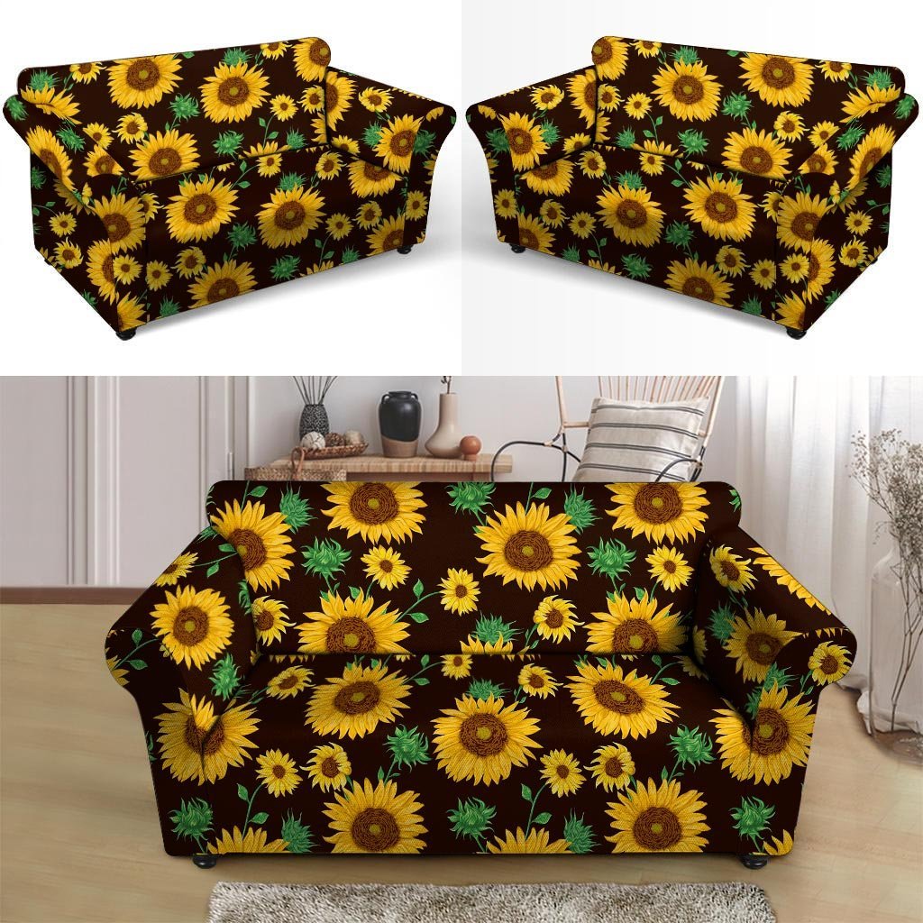 Black Sunflower Print Loveseat Cover-grizzshop