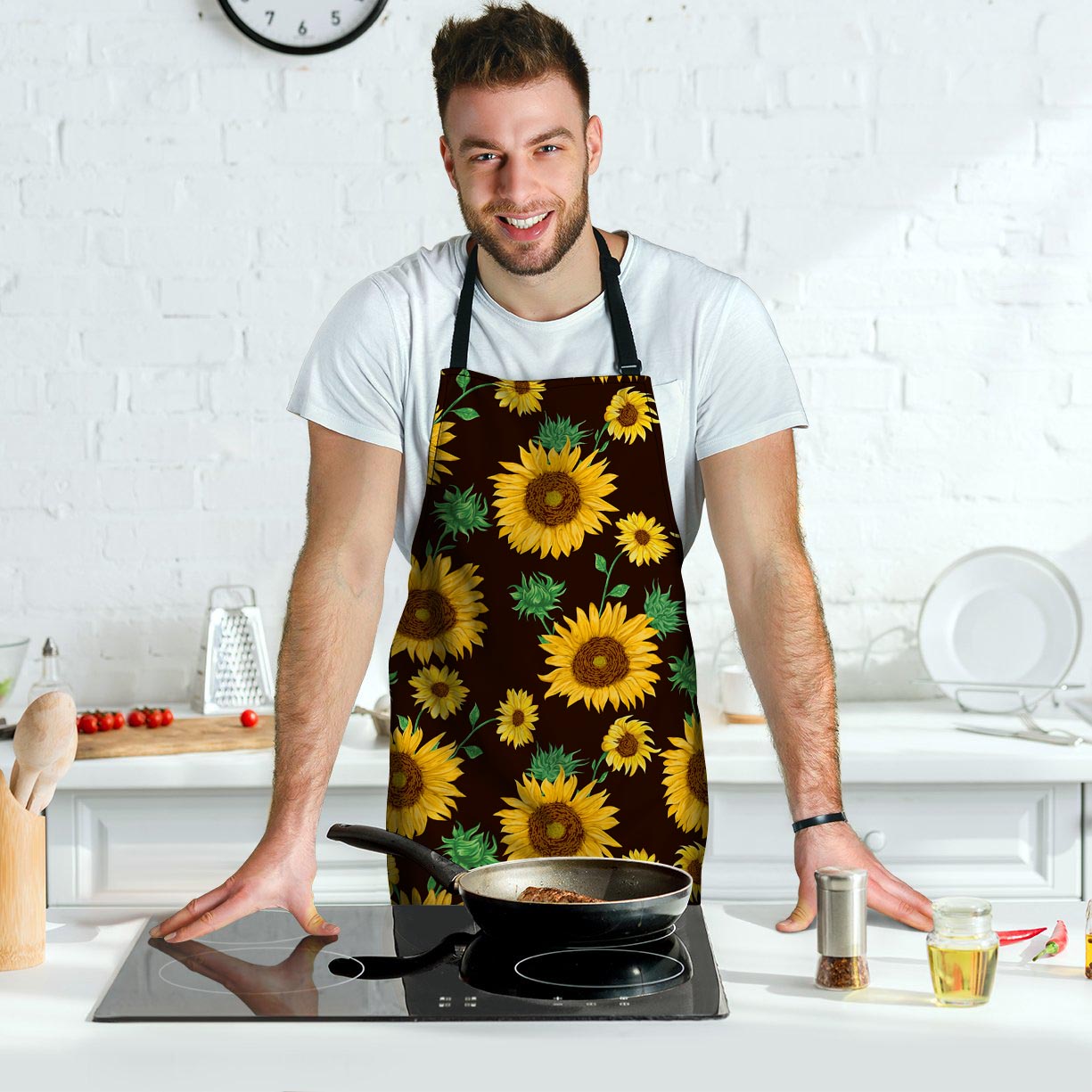 Black Sunflower Print Men's Apron-grizzshop