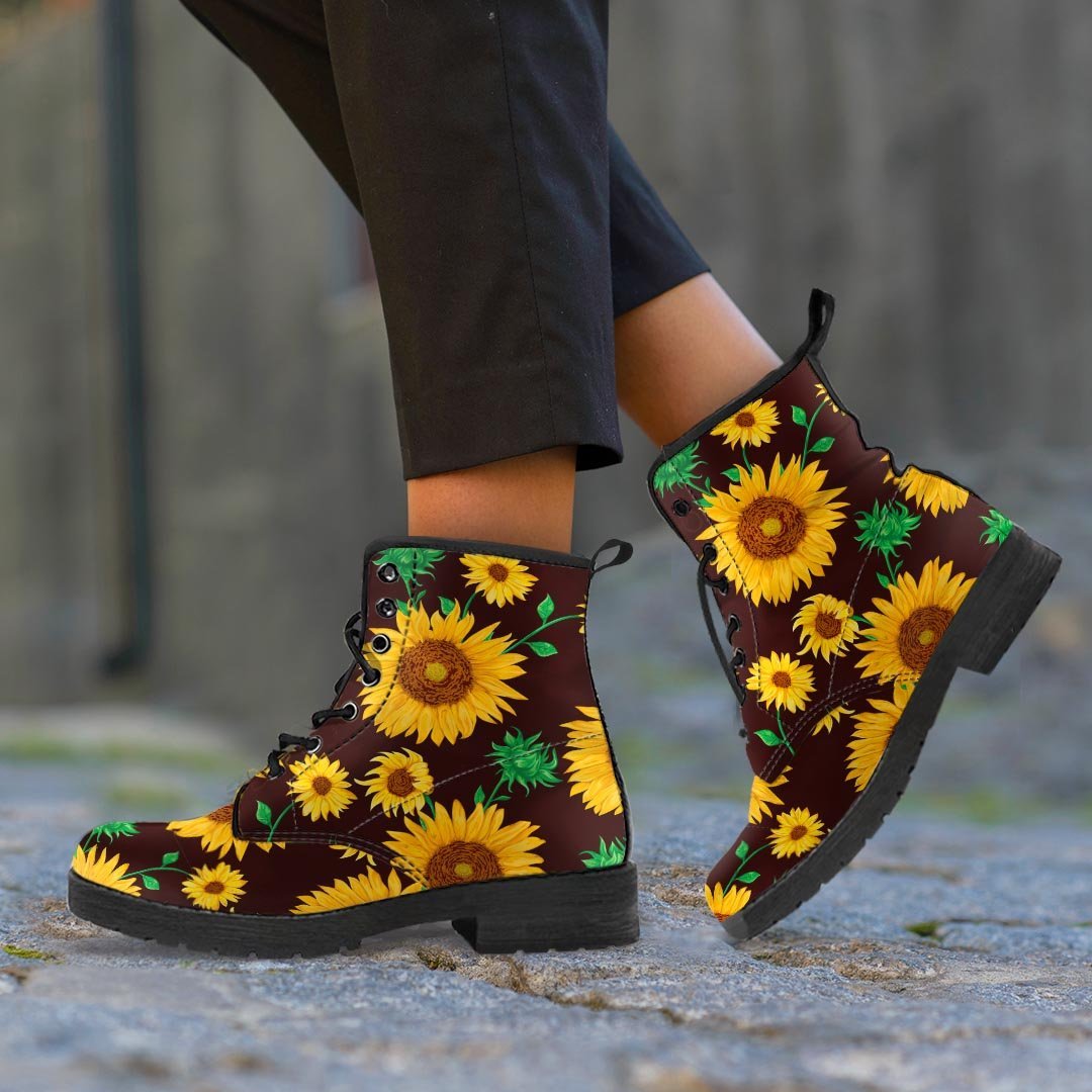 Black Sunflower Print Men's Boots-grizzshop