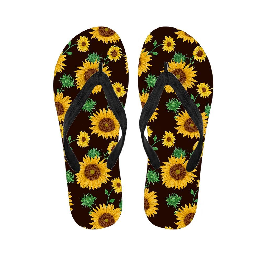 Black Sunflower Print Men's Flip Flops-grizzshop