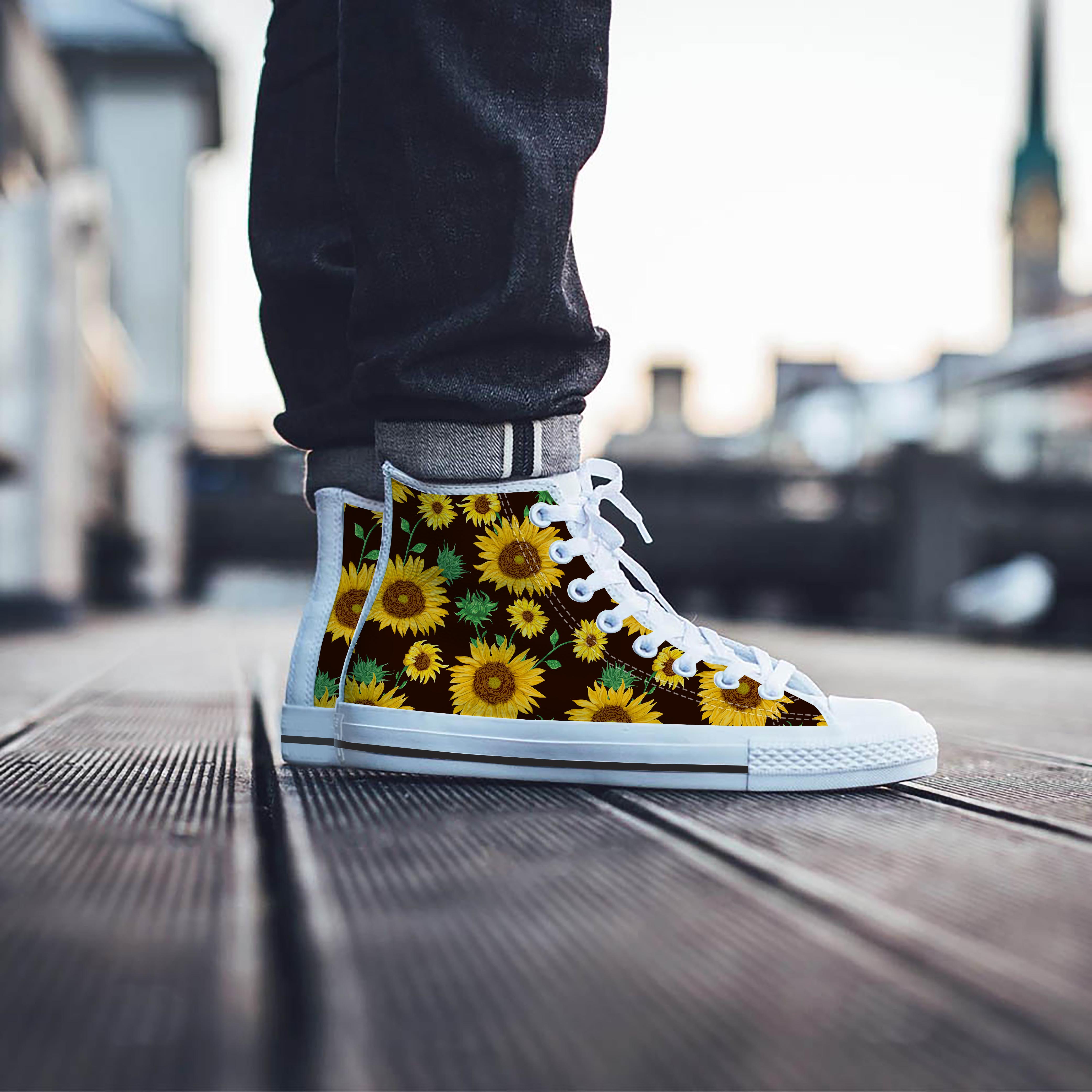 Black Sunflower Print Men's High Top Shoes-grizzshop