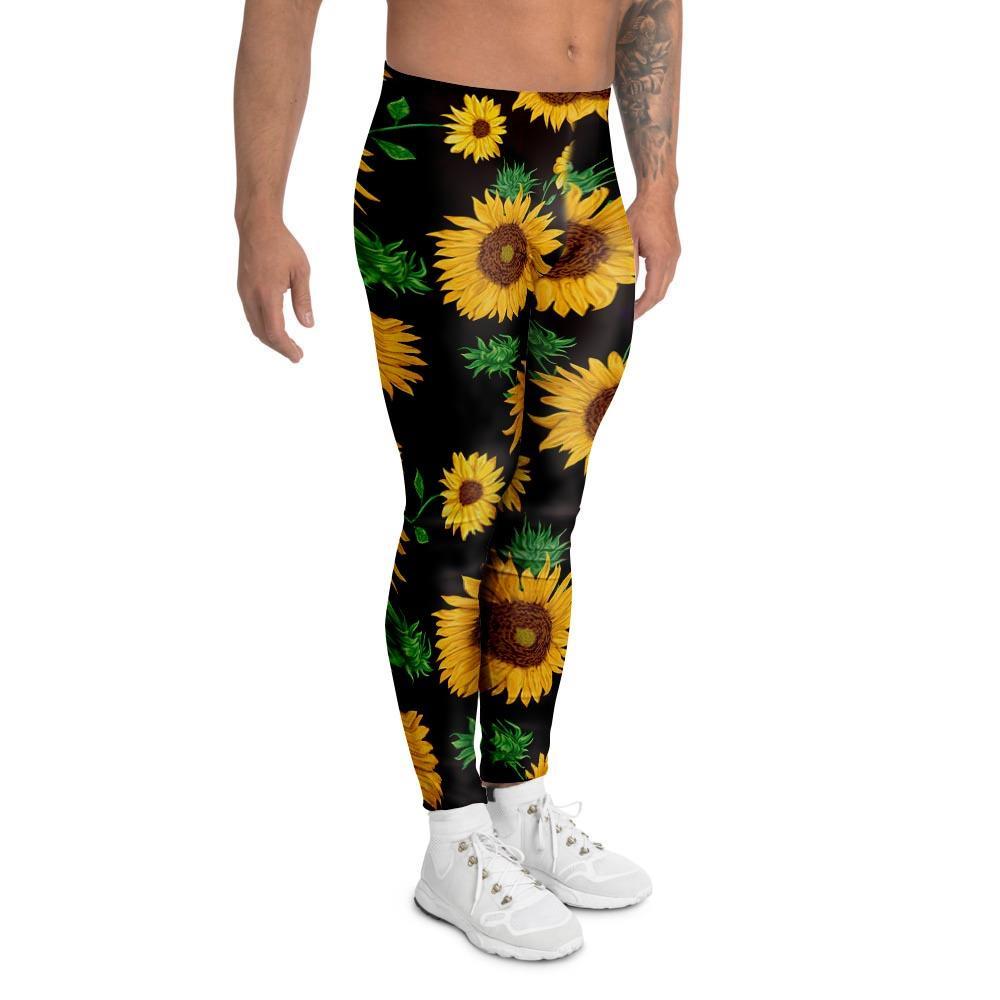 Black Sunflower Print Men's Leggings-grizzshop