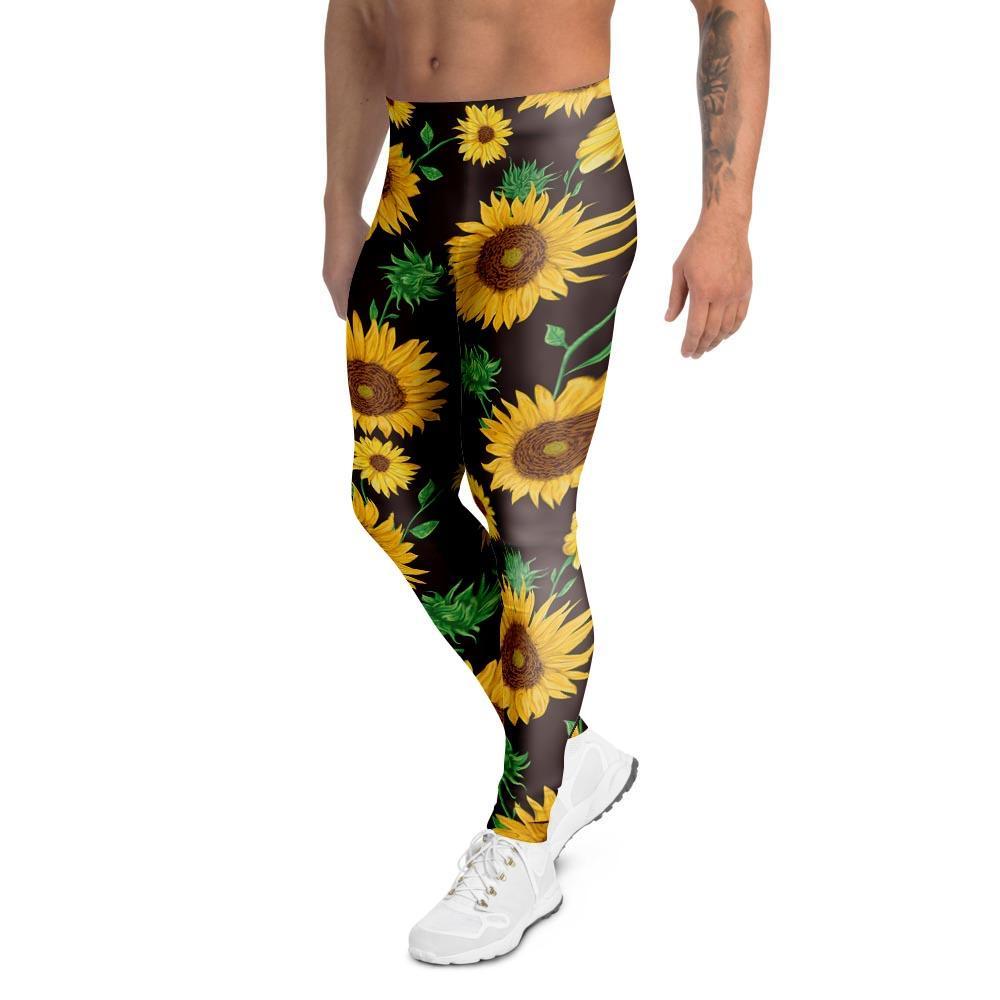 Black Sunflower Print Men's Leggings-grizzshop