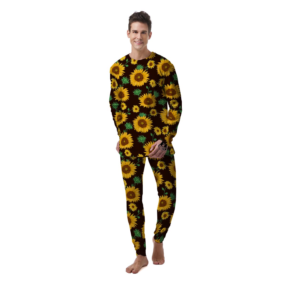 Black Sunflower Print Men's Pajamas-grizzshop