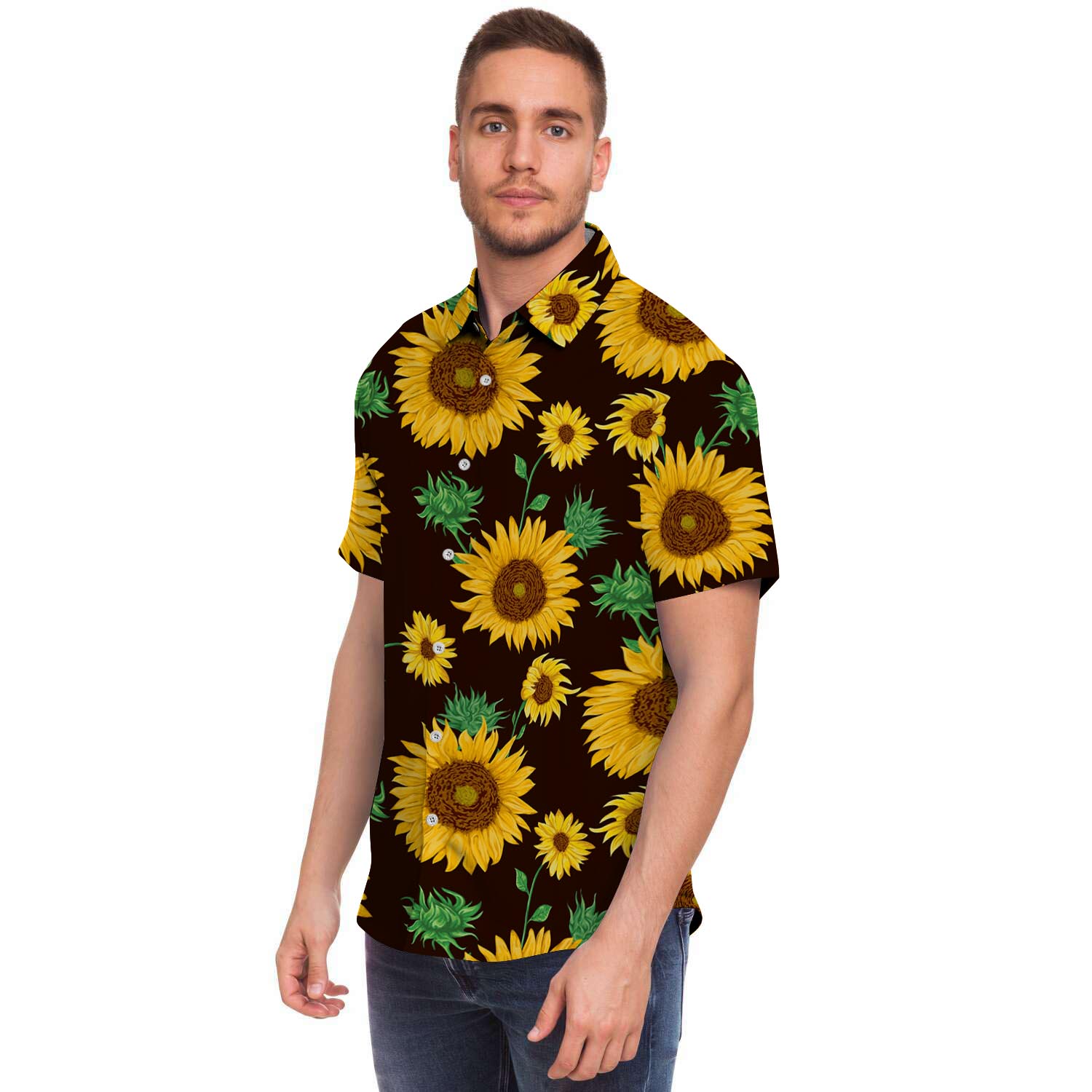 Black Sunflower Print Men's Short Sleeve Shirt-grizzshop