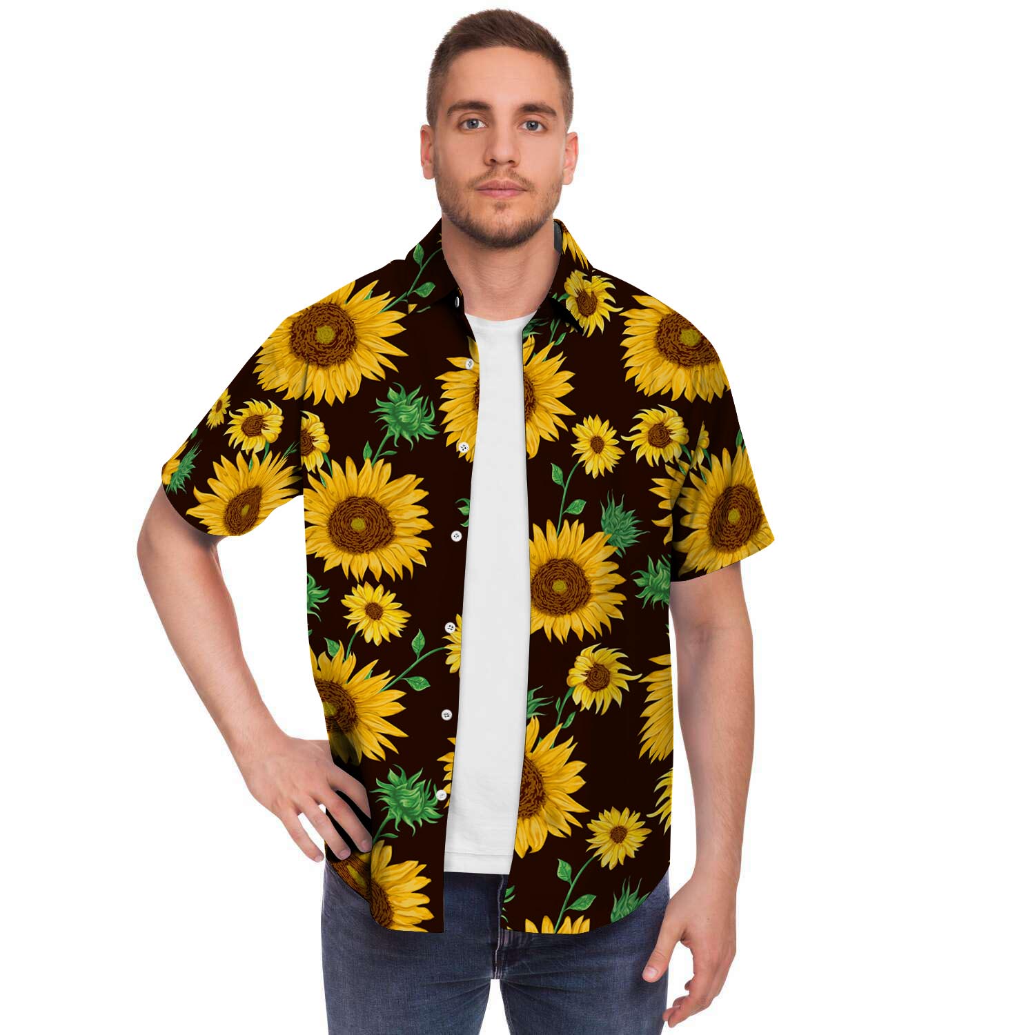 Black Sunflower Print Men's Short Sleeve Shirt-grizzshop