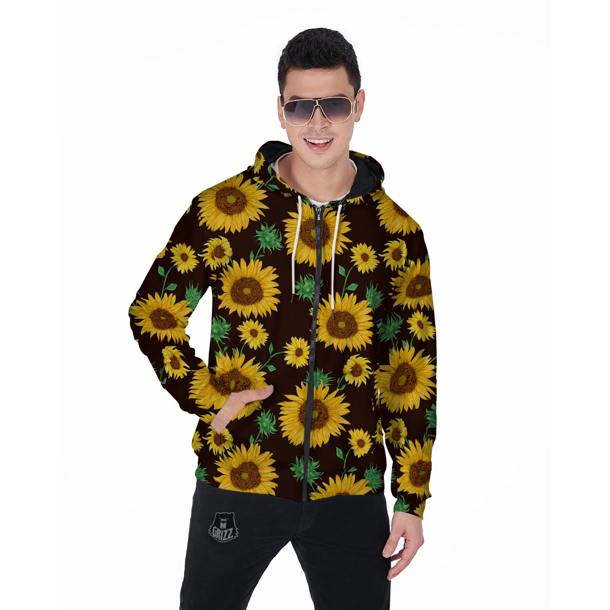 Black Sunflower Print Men's Zip Up Hoodie-grizzshop
