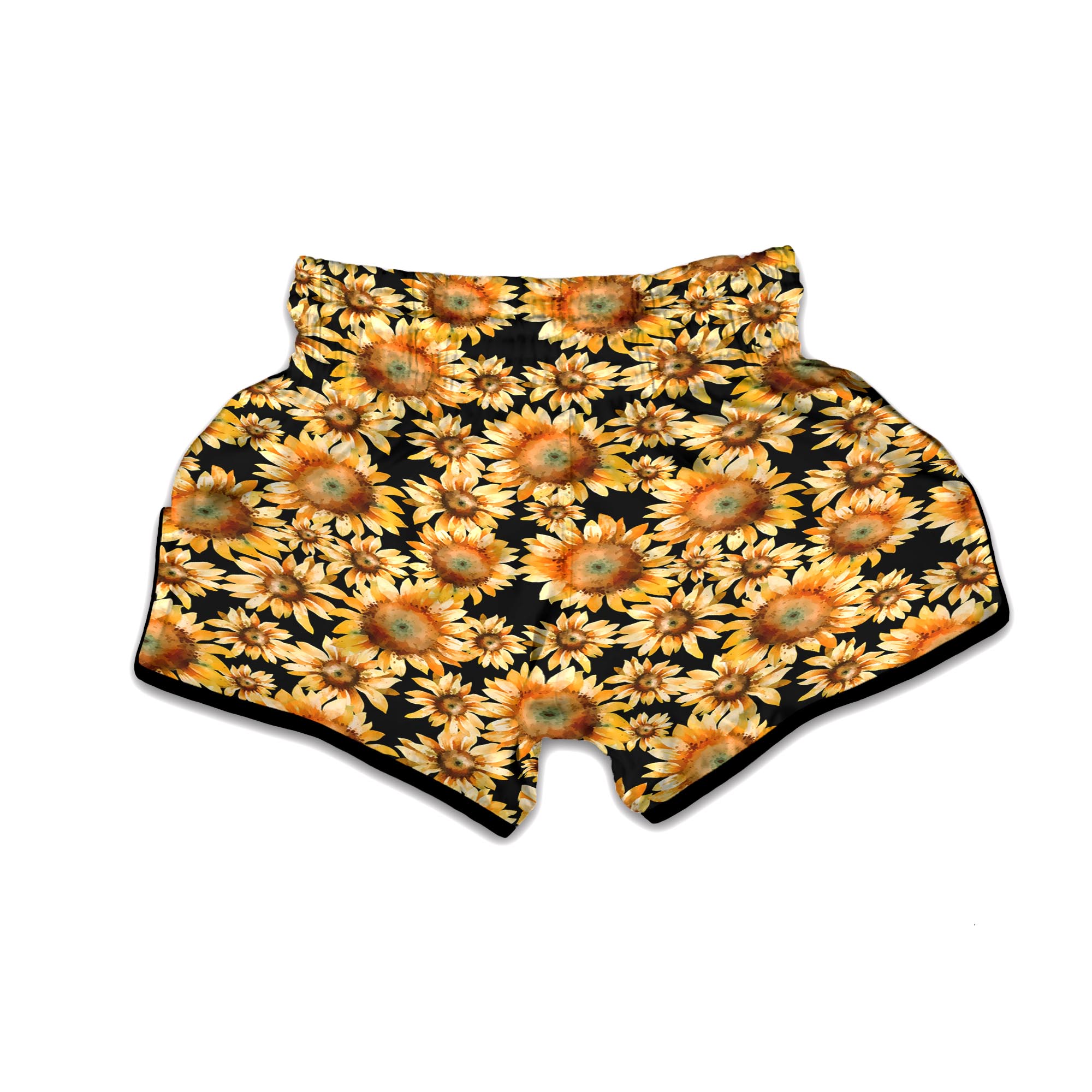 Black Sunflower Print Muay Thai Boxing Shorts-grizzshop