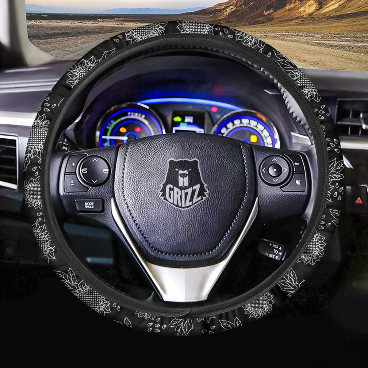 Black Sunflower Print Pattern Car Steering Wheel Cover-grizzshop