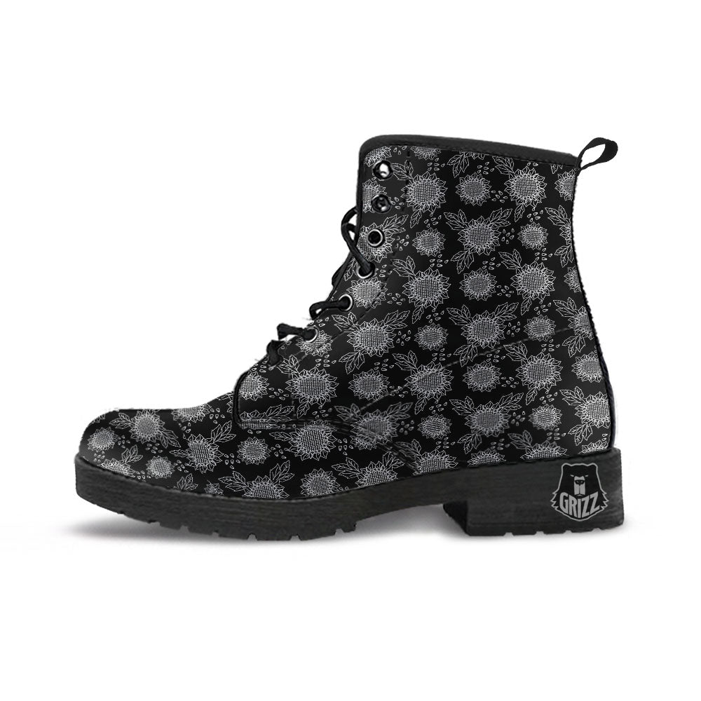 Black Sunflower Print Pattern Leather Boots-grizzshop