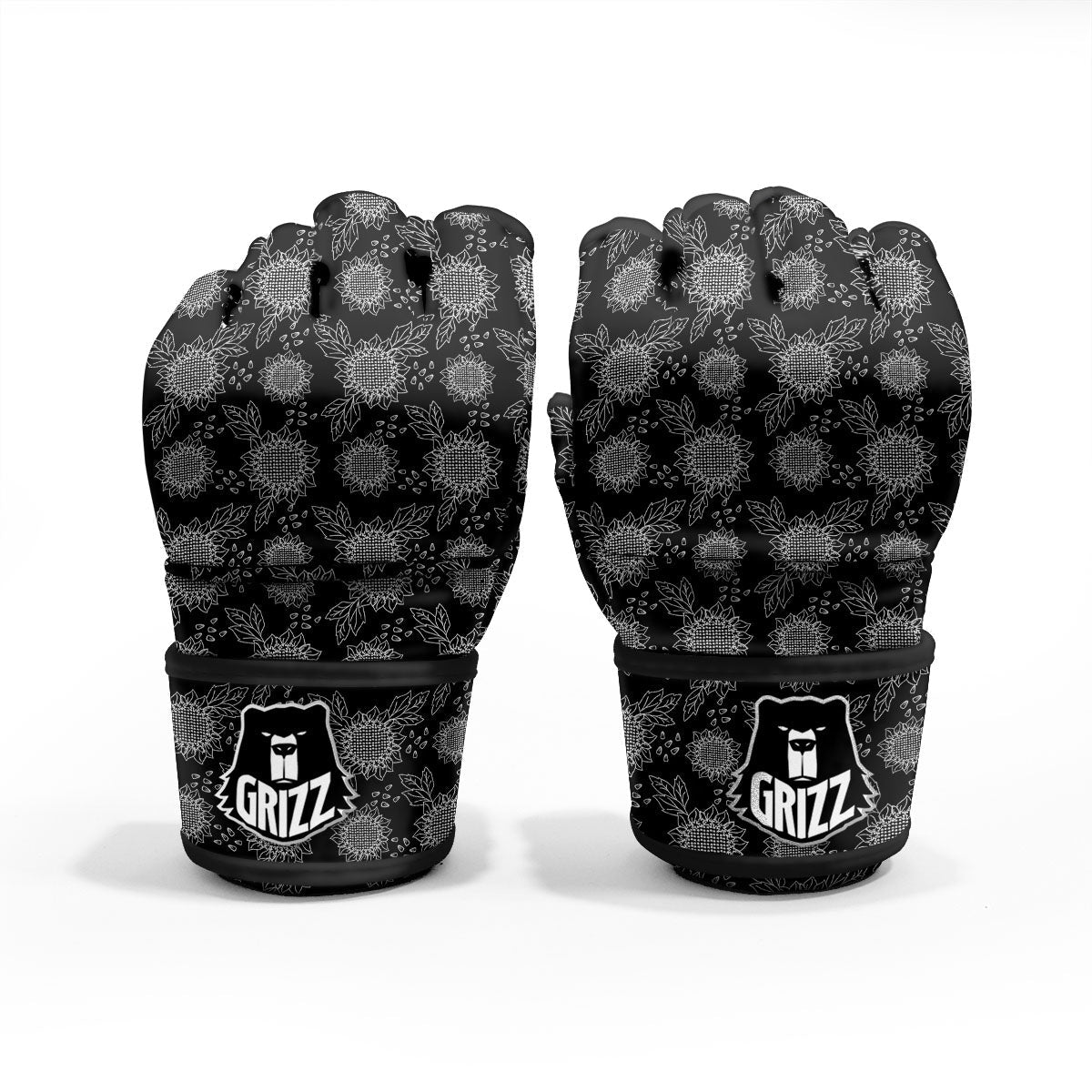 Black Sunflower Print Pattern MMA Gloves-grizzshop