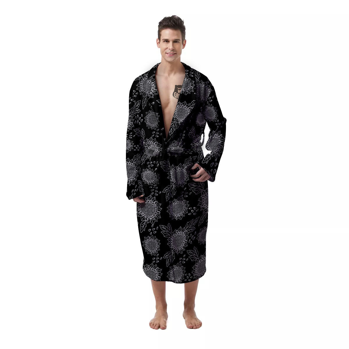 Black Sunflower Print Pattern Men's Robe-grizzshop