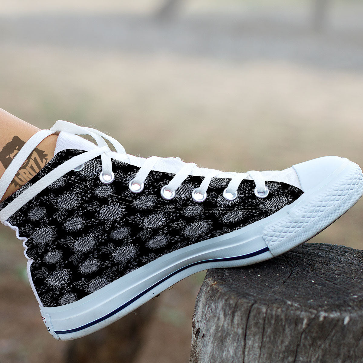 Black Sunflower Print Pattern White High Top Shoes-grizzshop