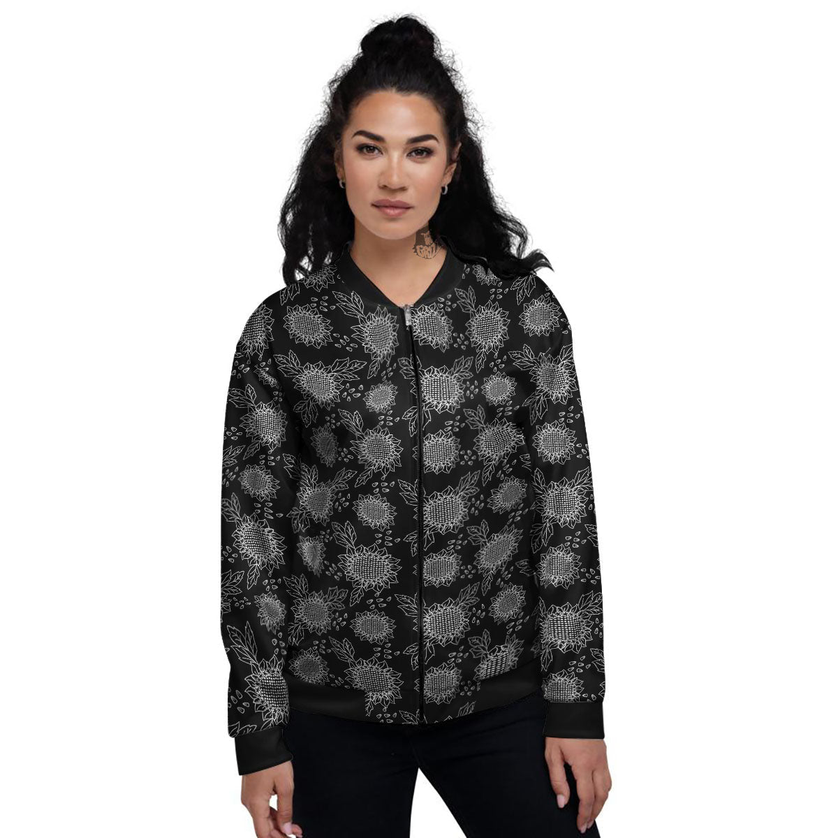 Black Sunflower Print Pattern Women's Bomber Jacket-grizzshop