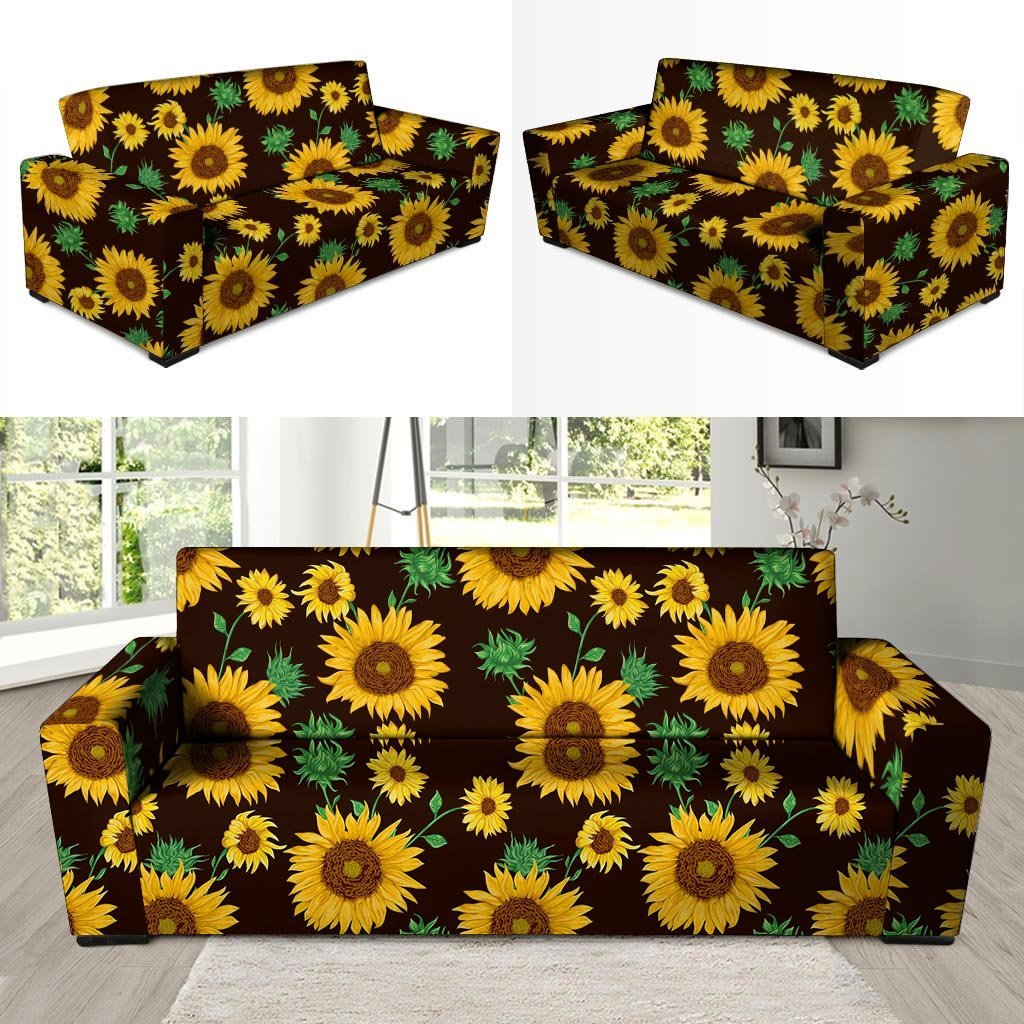 Black Sunflower Print Sofa Cover-grizzshop