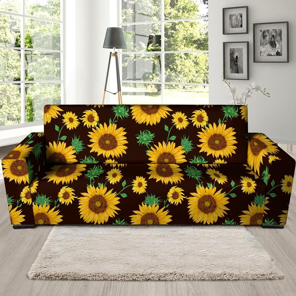 Black Sunflower Print Sofa Cover-grizzshop