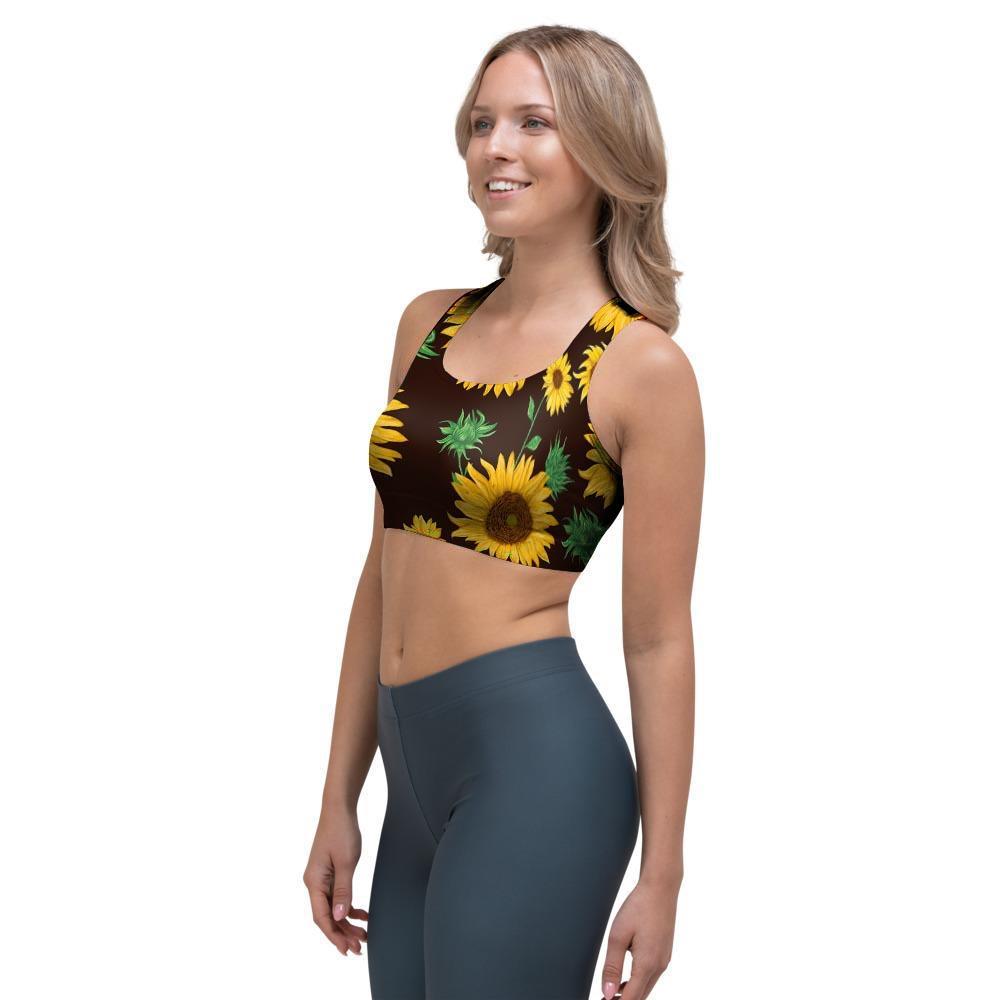 Black Sunflower Print Sports Bra-grizzshop