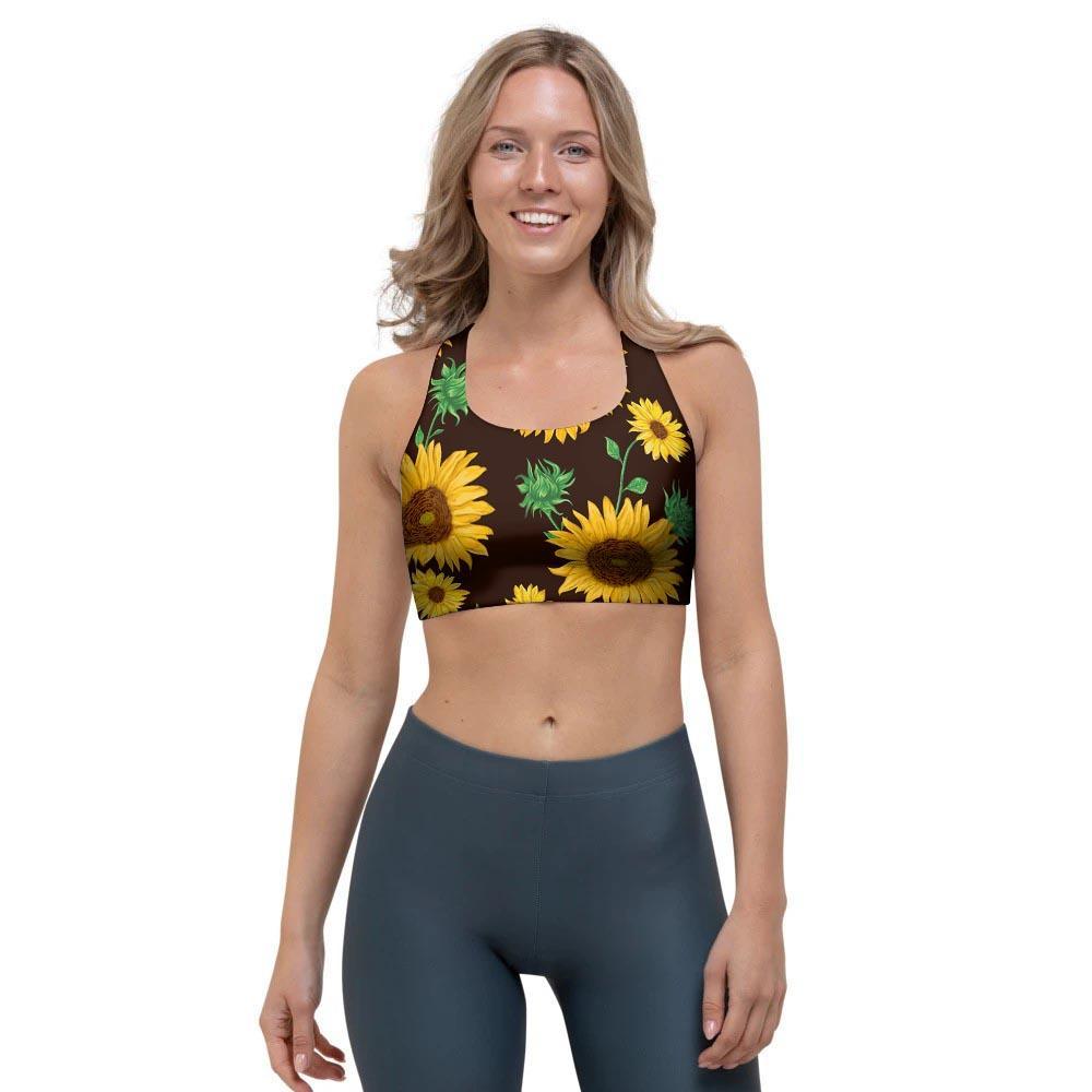 Black Sunflower Print Sports Bra-grizzshop