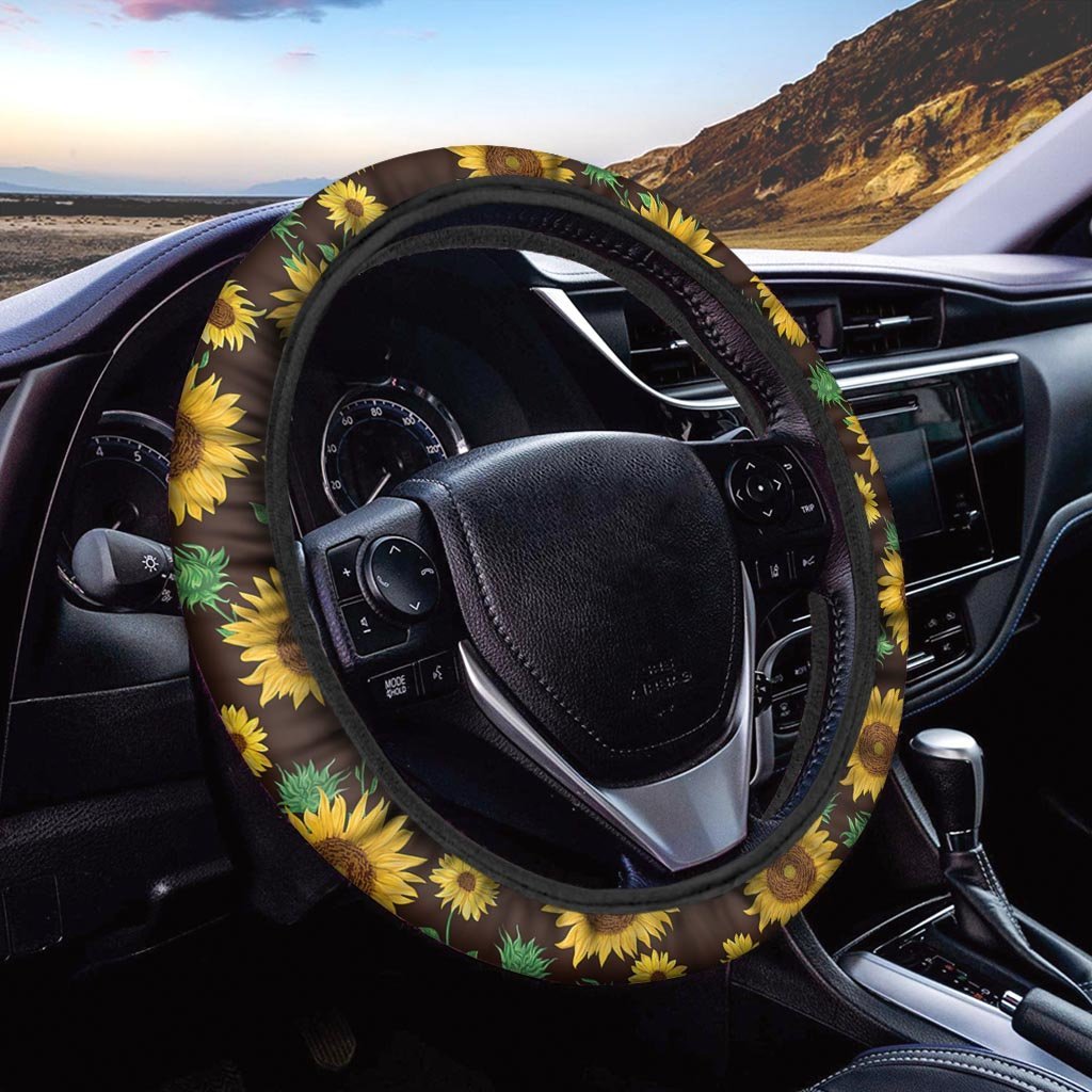 Black Sunflower Print Steering Wheel Cover-grizzshop