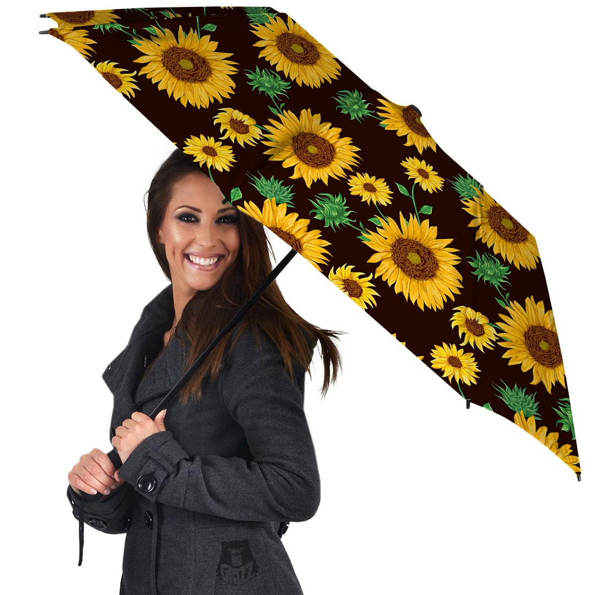 Black Sunflower Print Umbrella-grizzshop