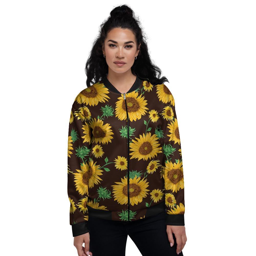 Black Sunflower Print Women's Bomber Jacket-grizzshop