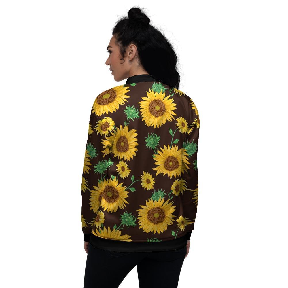 Black Sunflower Print Women's Bomber Jacket-grizzshop