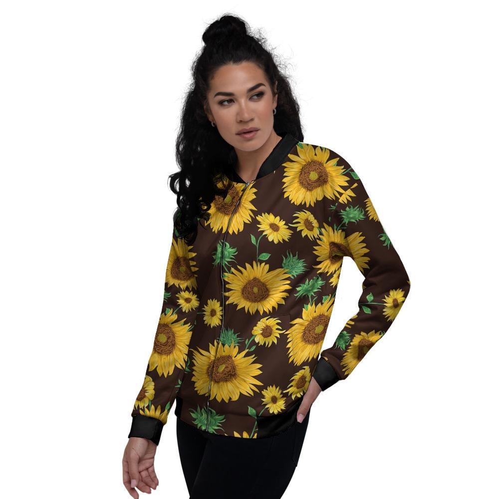 Black Sunflower Print Women's Bomber Jacket-grizzshop