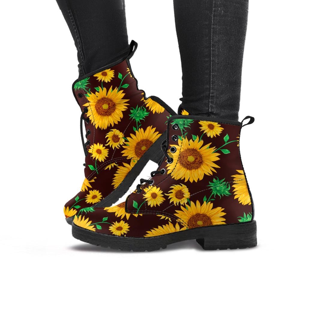 Black Sunflower Print Women's Boots-grizzshop