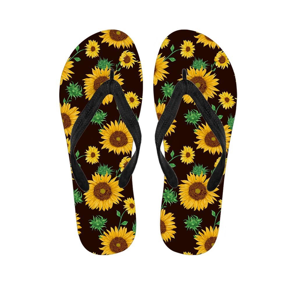 Black Sunflower Print Women's Flip Flops-grizzshop