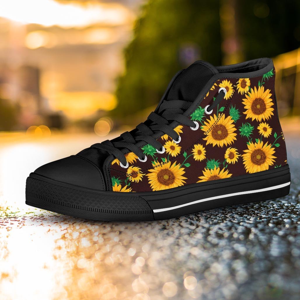 Black Sunflower Print Women's High Top Shoes-grizzshop